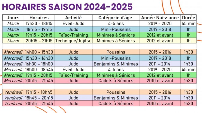 Image de l'actu 'Horaires saison 2024-2025'