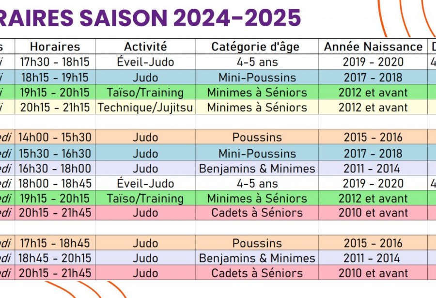 Horaires saison 2024-2025