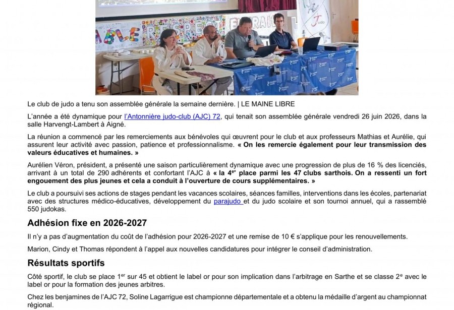 Article Le Maine Libre du 03/07/2026 - Assemblée Générale